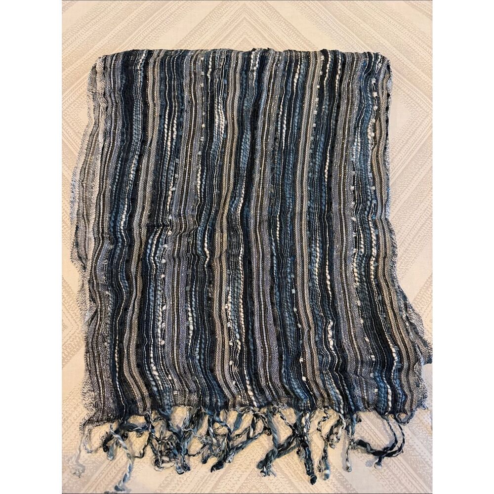 Blue White Metallic Sheer Striped Scarf Lightweight Woven Fringe Wrap